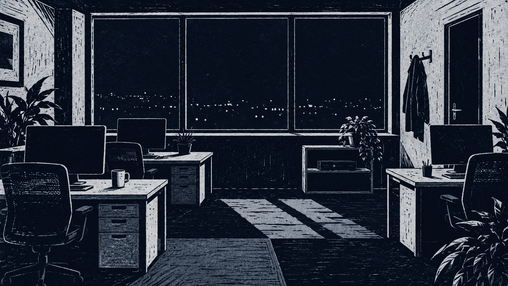 Illustration of an empty office at night: chairs tucked in, screens off, and one green status light on a network box.